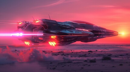 A Futuristic Spaceship Soaring Through a Vibrantly Colored Cosmic Landscape of Wonder