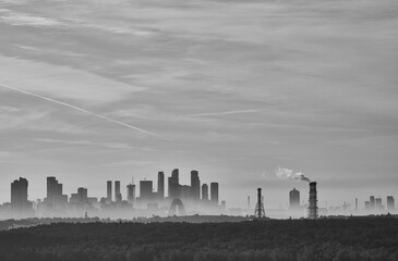 Obraz premium black and white fresh hazy spring morning view of Moscow City