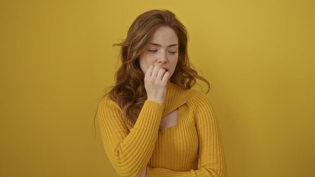 Young caucasian woman wearing sweater standing looking stressed and nervous with hands on mouth biting nails. anxiety problem. over isolated yellow background