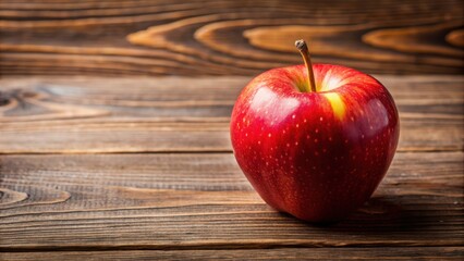Close-up photo of a bright red apple on a wooden surface, apple, fruit, healthy, fresh, organic, delicious, nutrition, juicy