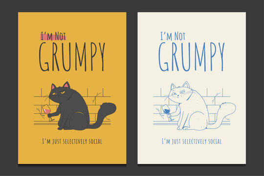 retro poster or wall art  with a sassy cartoon cat holding a wine glass, vector illustration