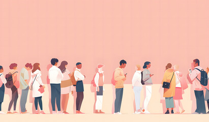 Fototapeta premium A group of diverse young people standing together, each with backpacks and casual clothing, depicted in a soft, pastel-colored illustration style. The scene is characterized by a dreamy, abstract back