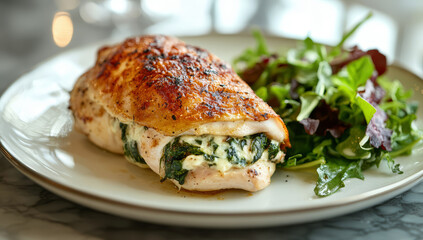 A chicken fillet stuffed with spinach and cheese, served with a side salad