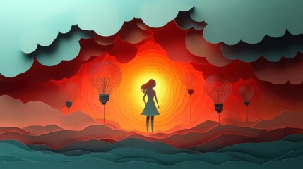 Creative Paper-Cut Illustration of Brainstorming with Geometric Shapes