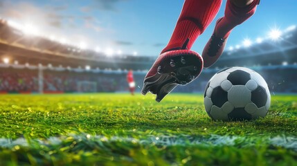 A close up of a soccer player's foot kicking a soccer ball on a green field. The player is wearing red and black shoes, with the ball in the air. The background is a blurred stadium with spectators.