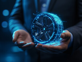 A business professional holds a futuristic holographic wheel design in a dark, digital-themed workspace