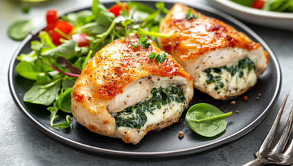 A chicken fillet stuffed with spinach and cheese, served with a side salad