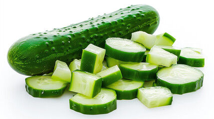 A fresh cucumber lies next to sliced rounds and cubes on a white background. The vegetable has a distinctive texture with light and dark shades of green