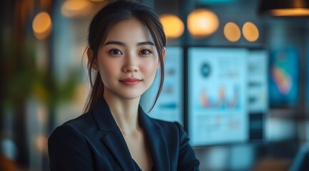 Obraz premium an Asian businesswoman presenting financial data on charts and graphs to her team in the conference room.