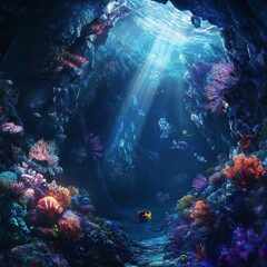 Fototapeta premium Undersea Fantasy: Anime-Style Coral Cave with Glowing Corals and Dazzling Fish, Perfect for Abstract Art and Immersive Storytelling