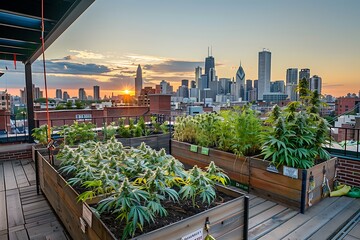 Fototapeta premium A vibrant urban rooftop cannabis garden, plants thriving in raised beds, cityscape in the background, sunset casting a warm glow, innovative and green living, urban sustainability