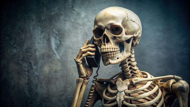 Creepy skeleton making a final phone call before heading to the afterlife, skeleton, last call, phone, communication