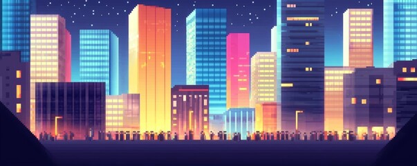 A pixel art bustling cityscape at night with bright neon lights, tall buildings, and streets filled with people
