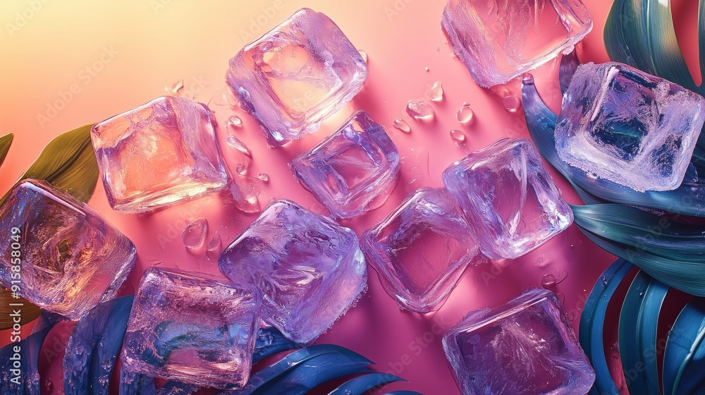 Poster tropical color pattern with ice cubes floating in the air.