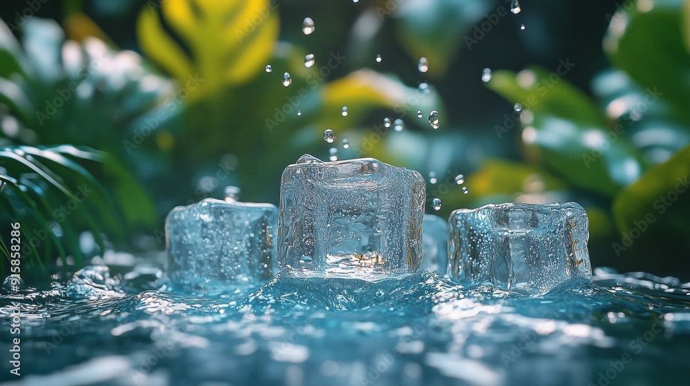 Poster tropical color pattern with ice cubes floating in the air.
