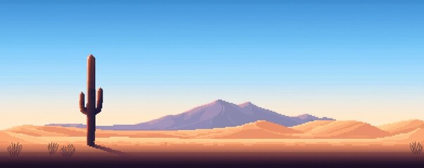A pixel art desert landscape with a lone cactus, sand dunes, and the silhouette of a distant mountain range