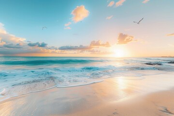 Obraz premium A beach scene with waves crashing against the shore and birds flying overhead