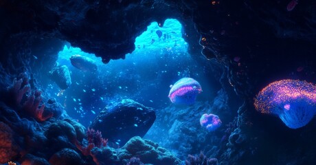 Obraz premium Undersea Fantasy: Anime-Style Coral Cave with Glowing Corals and Dazzling Fish, Perfect for Abstract Art and Immersive Storytelling