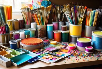 Obraz premium vibrant collection assorted crafting supplies tools featuring colorful more creative projects, art, materials, colors, papers, paint, brushes, decorative