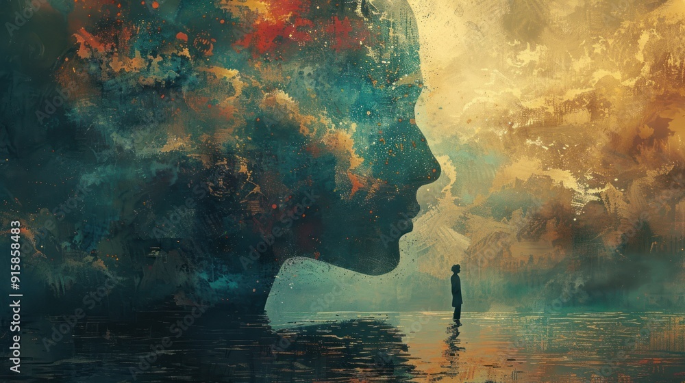 Wall mural Silhouette of a person facing a cosmic head