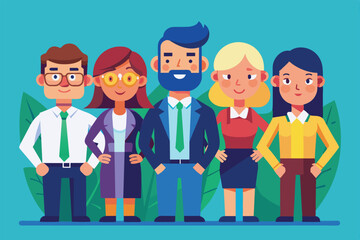 A group of five diverse colleagues stands confidently, showcasing their unique styles and personalities while smiling in a vibrant setting