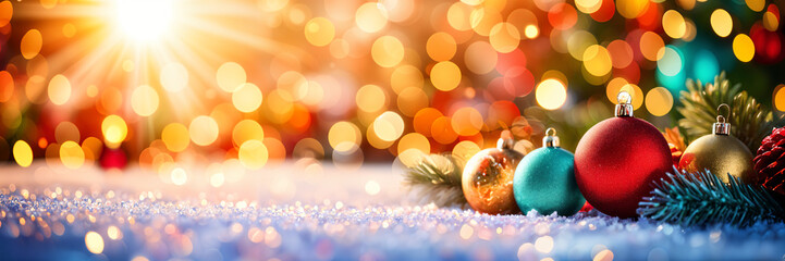 Festive scene with Christmas decorations, including ornaments and pine needles, set against a blurred background of twinkling lights that suggest a holiday atmosphere.