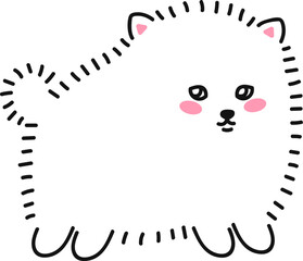 Cute little white dog line drawing. Fluffy dog, puppy pomeranian spitz puppy. Doodle drawing by hand. Linear graphics. Isolated vector illustration.