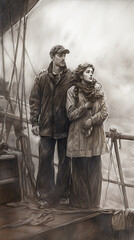 Jack and Rose from "Titanic", standing on the deck during a storm, rain pouring down, waves crashing against the hull, lifeboats being lowered in the background, mood of tension and urgency