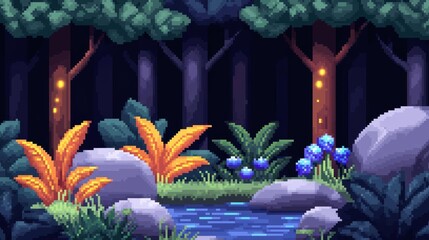 Fototapeta premium A pixel art magical forest glade with glowing plants, mystical creatures, and a bubbling stream