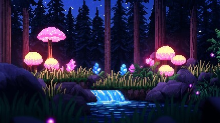 A pixel art magical forest glade with glowing plants, mystical creatures, and a bubbling stream