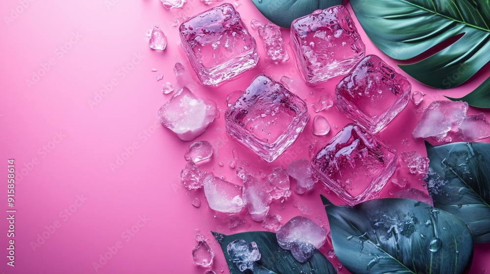 Poster tropical color pattern with ice cubes floating in the air.