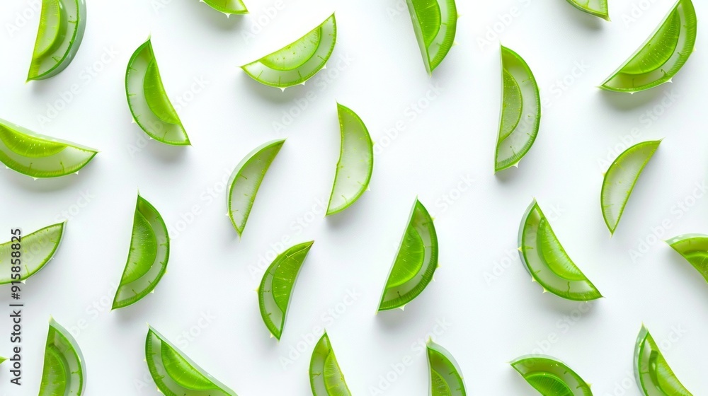 Wall mural Fresh aloe vera slices on white background. Green aloe pieces arranged in pattern. Natural and organic. Ideal for health, skincare, and cosmetic products visuals. Minimalist design. AI