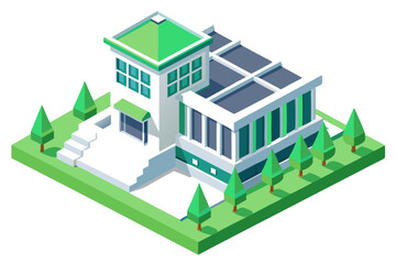  Isometric White and Green Administration Building Design