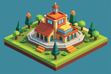 A detailed, customizable flat illustration of a villa surrounded by trees and well-maintained greenery, showcasing its architectural design and serene location