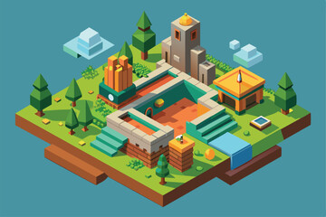 A detailed isometric landscape showcases unique buildings, lush trees, and a blue water element, offering endless customization for creative projects