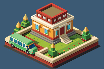 A vibrant, semi-flat illustration depicting a house with a green bus parked outside, surrounded by decorative plants and a landscaped front yard
