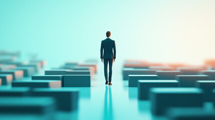 Businessman standing at edge of abstract blue maze, leadership concept