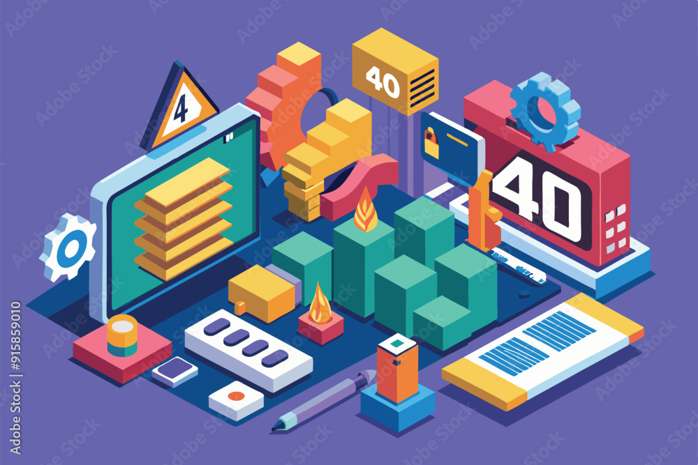 Poster a vibrant isometric illustration showcases customizable digital interface designs with error message