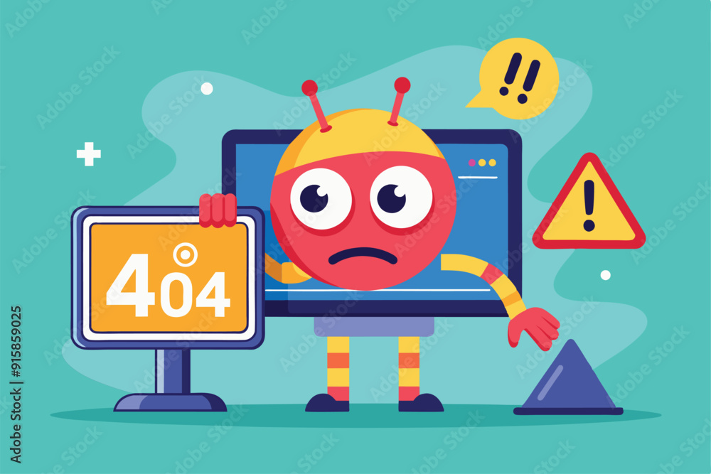Aufkleber a cartoon character with a concerned expression displays a 404 error on the computer while standing 