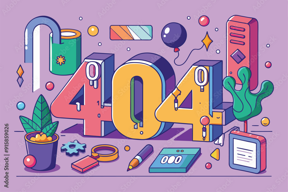Poster a playful and colorful representation of a 404 error, featuring various decorative elements like pla