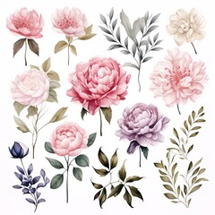 Watercolor illustration of pink, beige, and purple peonies and leaves, isolated on a white background.