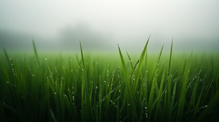 Obraz premium A zoomed shot of rice, in a misty field in dark green tones.