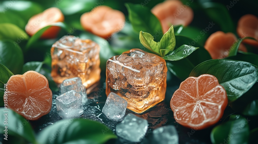Poster tropical color pattern with ice cubes floating in the air.