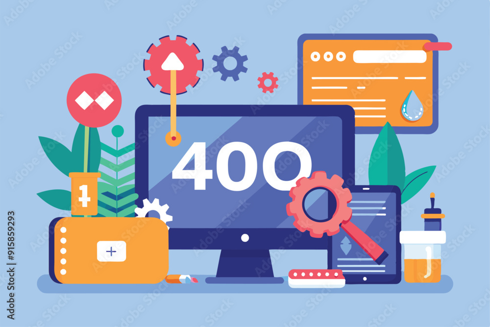 Poster a digital workspace showcases a computer screen with error code 400, surrounded by tools, gears, and