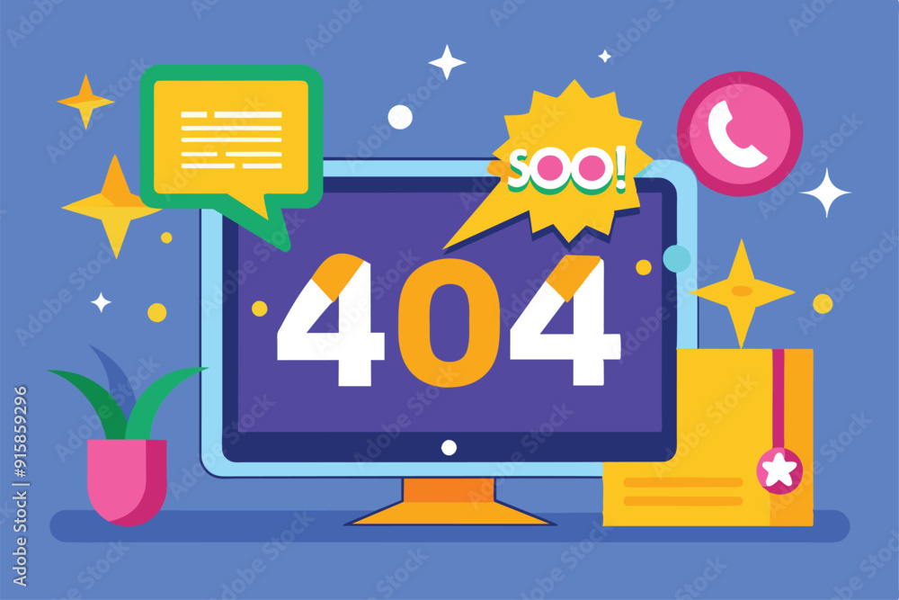 Poster a vibrant computer screen shows a 404 connection error with decorative chat bubbles and icons, illus