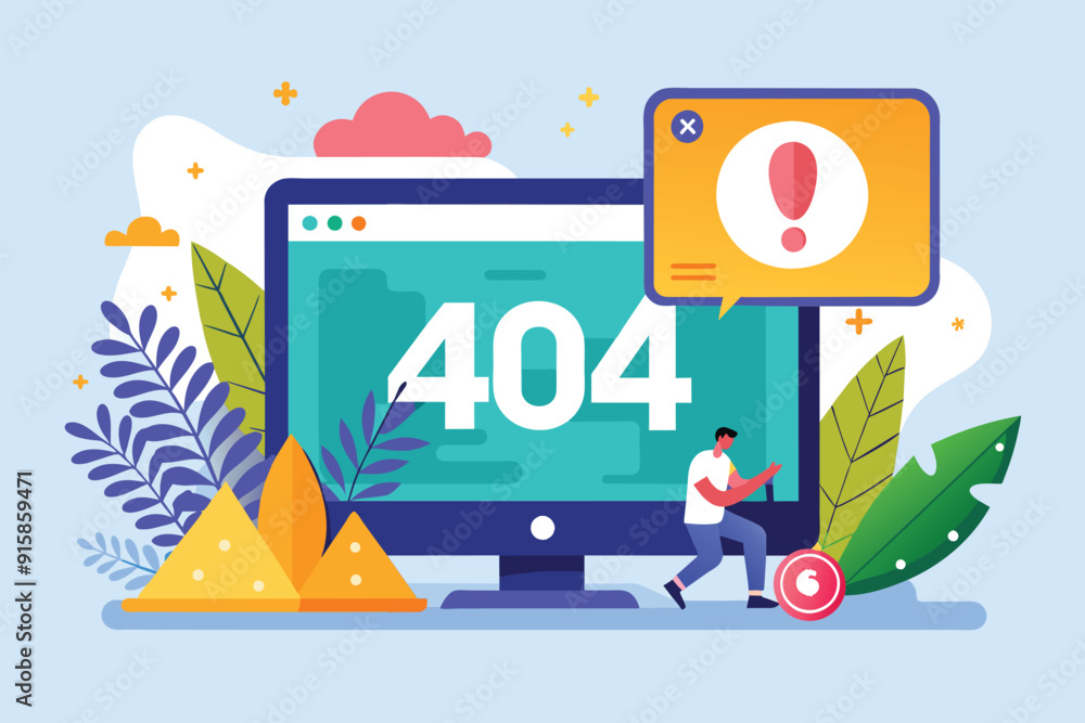 Poster a person appears to troubleshoot a 404 error on a computer screen, surrounded by colorful graphics r