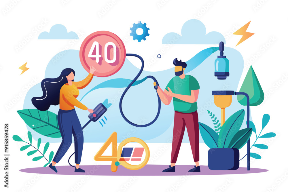 Poster two individuals are engaging with technology in a colorful environment, troubleshooting a page not f