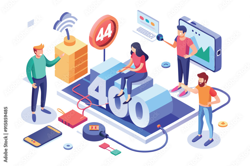 Poster people engage with technology, navigating digital connectivity barriers while troubleshooting an err