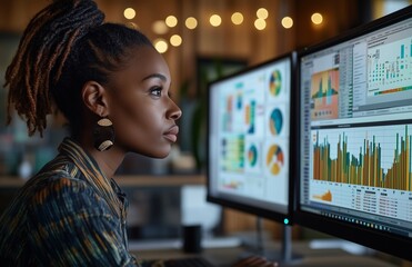 A Black woman analyzing business data on two monitors in a modern office