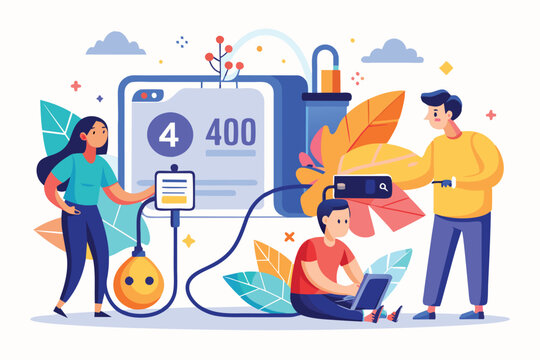 Individuals are troubleshooting a 400 error page not found issue while working on laptops surrounded by colorful foliage and bright elements